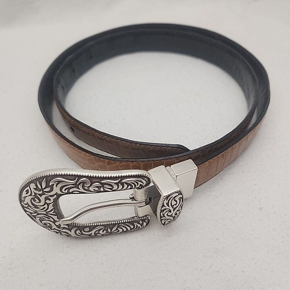 Belt Coldwater Creek Women's Reversible 44" Black Brown Croc Embossed Elaborate